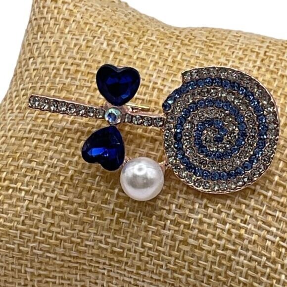 Blue & White Lollipop Pin Brooch With Crystals & Pearl Accent - Picture 2 of 5
